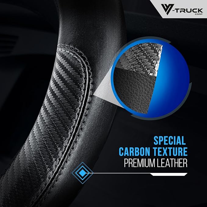 18-Inch Genuine Leather Steering Wheel Cover for Semi Trucks – Black with Blue Stripes, Universal Fit Heavy-Duty Non-Slip Grip, Comfortable Control, Easy Installation