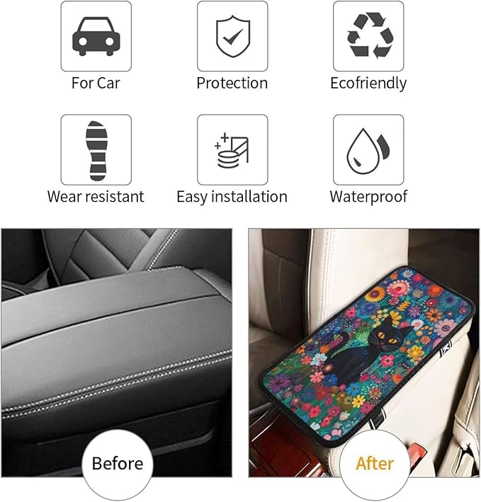 Cute Cat Floral Car Center Console Cover Cats Hippie Armrest Cover Cushion Boho Flower Car Armrest Pad Universal Car Interior Accessories Protector