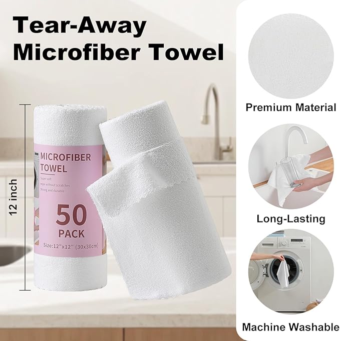 Jessy Home 2 Roll Reusable Paper Towels,100 Sheets Tear Away Microfiber Cleaning Cloth, Lint Free Cleaning Rags for Kitchen, Dishcloth,Household Cleaning Supplies