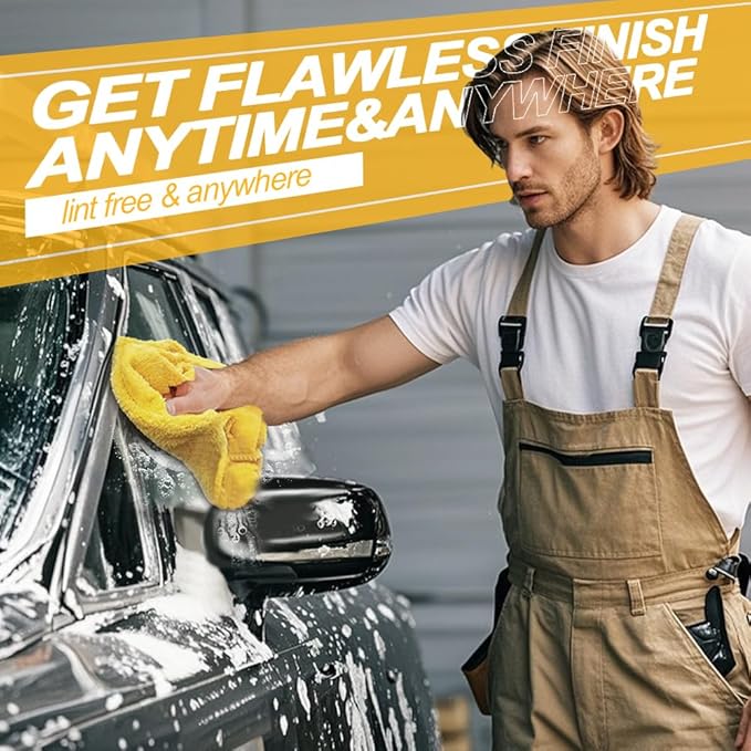 Car Wash Drying Towels, 450gsm Ultra-Thick Absorbent Lint-Free Extra Soft Microfiber Rags for Car Detailing, Interior & Exterior Cleaning Cloths, 16in x 16in - Coral Fleece, Blue+Yellow+Grey, 12 Packs