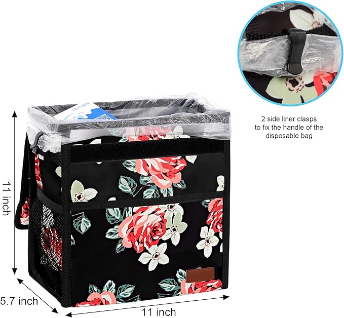 Femuar Car Trash Can Leak Proof Car Trash Bag Waterproof Car Garbage Can with Lid Collapsible and Portable with Storage Pocket, Large/Flower, 3 Gallons