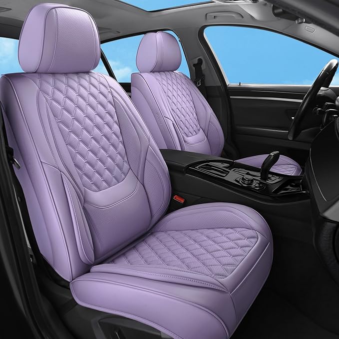Car Seat Covers Front Seats Purple, Luxury Faux Leather Waterproof Non-Slip Women Seat Protector Universal Fit for Most Cars SUVs Trucks Pick-ups,Car Interior Accessories (Light Purple-Front Seats)