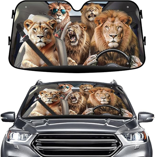 GENANY Lion Family Windshield Sun Shade for Car SUV Truck (55x30 Inches), Sun Shade Windshield, Shades for Front Windows, Protector Blocks UV, Spring Car Decor