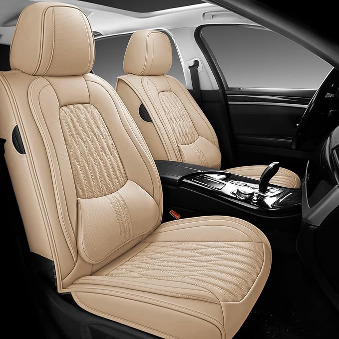 WELLDO Car Seat Covers Full Set, Leather Seat Covers for Car, Waterproof Car Seat Protector with Lumbar Support, Automotive Seat Covers Universal Fit for Most Cars SUV Truck, Beige-White