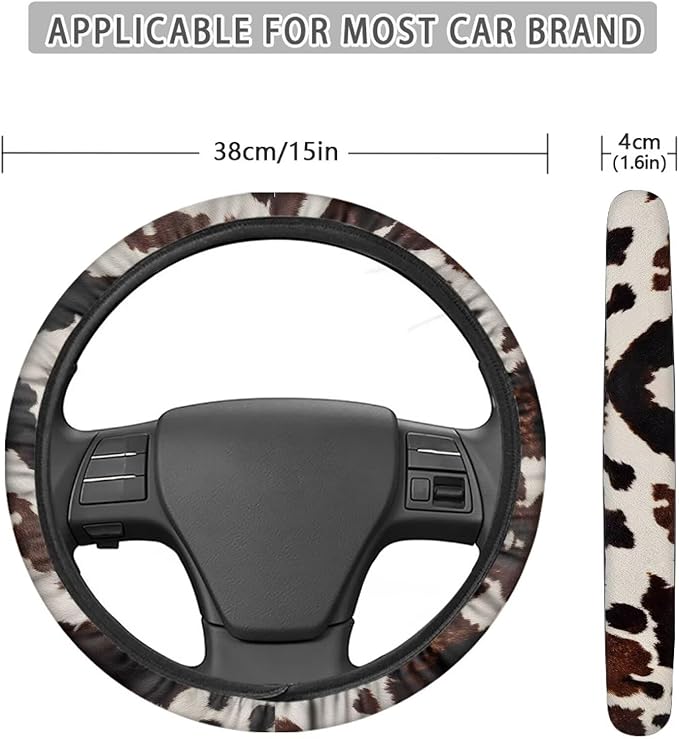 AFPANQZ Steering Wheel Cover for Women, Brown Cow Print Sweat Absorbing Non-Slip Steering Wheel Protection Case Machine Washable Elastic Flexible Universal 14 to 15 inch