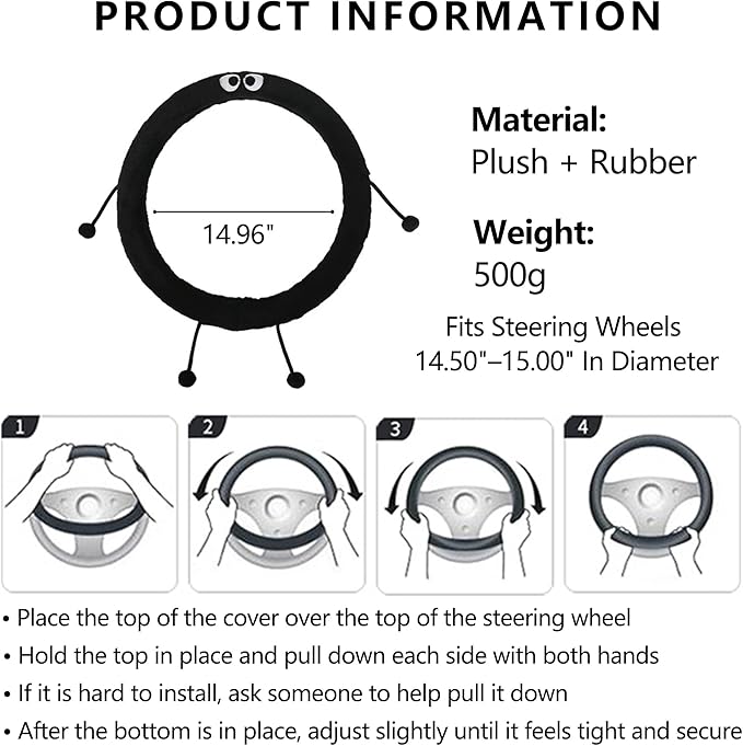Car Headrest Pillow & Steering Wheel Cover Set with Cute Big-Eyed Furball Travel Neck Support Pillow Fur Car Interior Accessory (Black Ring Cover)