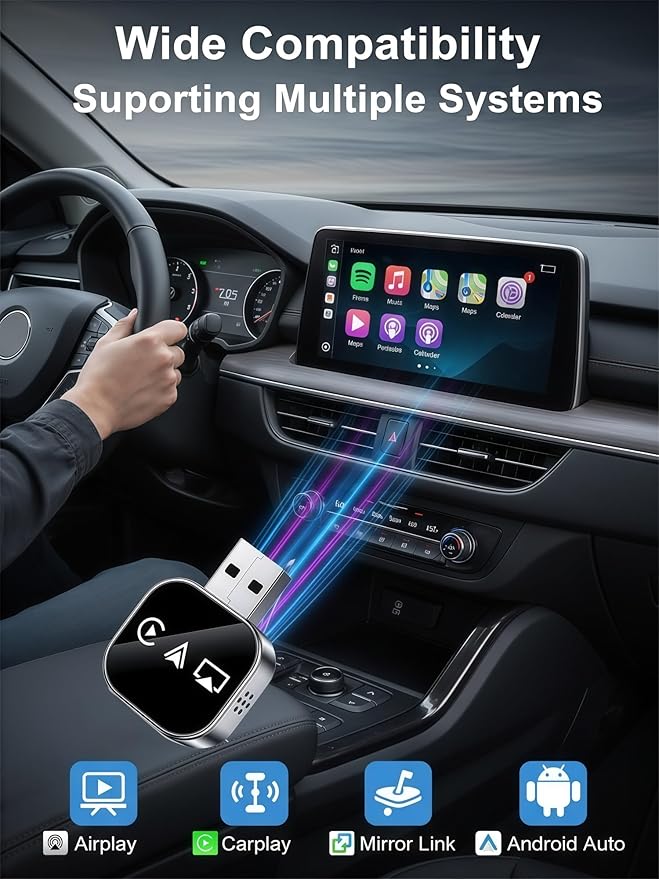 2026 Upgraded 3-in-1 Wireless CarPlay Adapter for iPhone & Android Auto, 5.8G WiFi No-Lag Dongle, Wired to Wireless Converter with Mirror Link 4K Streaming, Fits 98% Cars (USB-A/C)