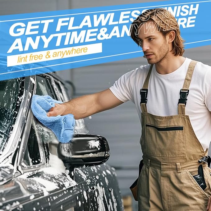 Car Wash Drying Towels, 450gsm Ultra-Thick Absorbent Lint-Free Extra Soft Microfiber Rags for Car Detailing, Interior & Exterior Cleaning Cloths, 16in x 16in - Coral Fleece, Blue, 12 Packs