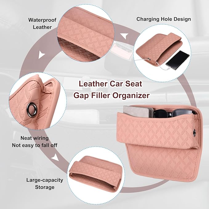 HARFINGTON 2pcs Car Seat Gap Filler Organizer 11.5 x 8 x 2.1 Inch Leather Universal Car Organizer Storage Box Between Seat and Console for Phone Sunglasses Keys, Pink