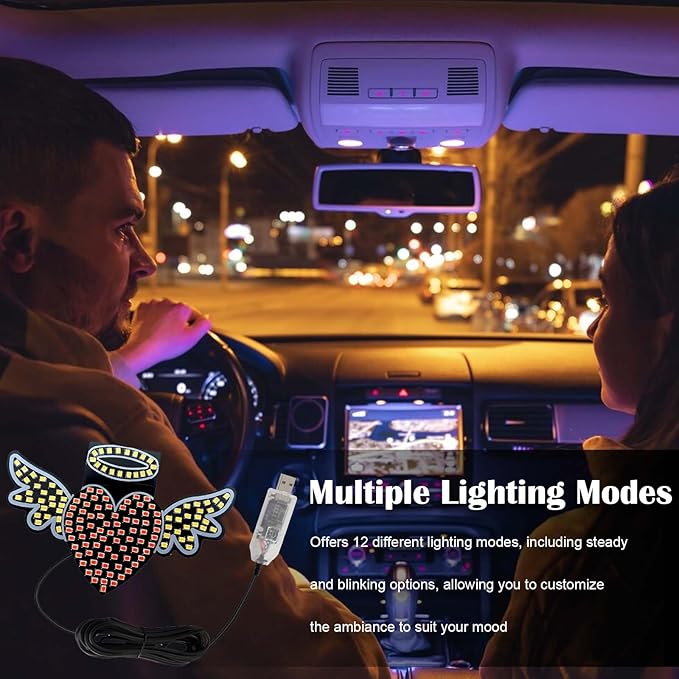 Car LED Heart Ambient Light Angel Devil Patterns,Rear & Side Window Decor,12 Lighting Modes USB Powered,Romantic Gift for Car Owners (Red Yellow Angel)