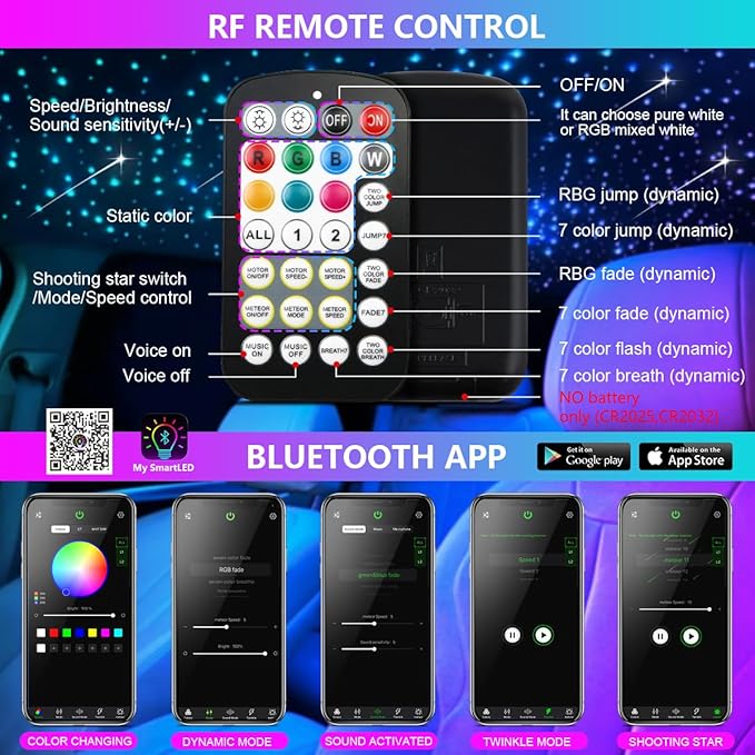 Starlight Headliner Kit,Twinkle + Music Sync Dual Color Fiber Optic Star Ceiling Lights with APP Remote Control, RGBW Shooting Star Lights for Car/Home Ceiling Decor, 1000pcs 9.8ft