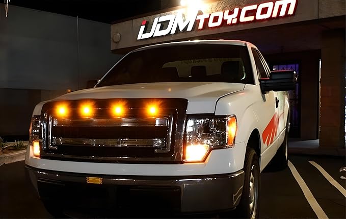 iJDMTOY 4pc Set Custom Retrofit Amber Yellow Front Grille Mesh Mount LED Lighting Kit Compatible With Trucks SUVs
