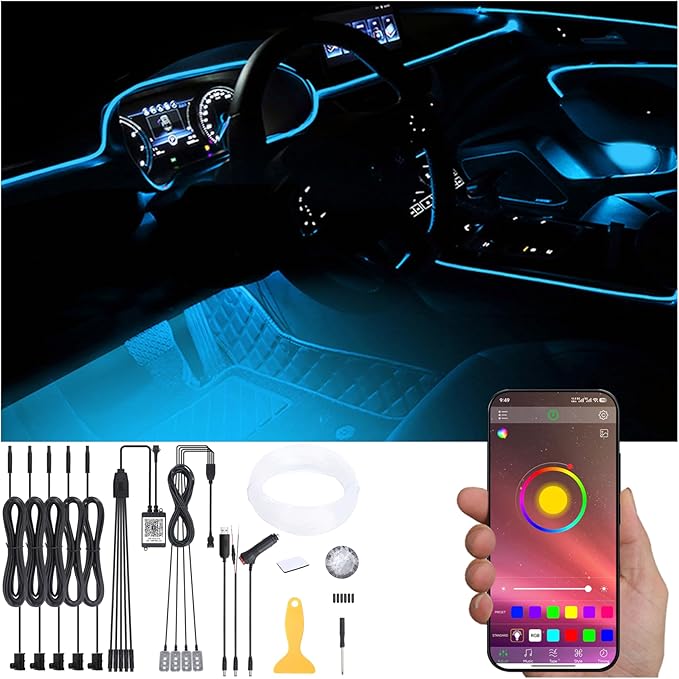 6 m Optic Fiber Car Ambient Footwell Lighting Kit Bluetooth App Control 64 Colors Multicoloured Music Interior Lighting Kit 12V 1W