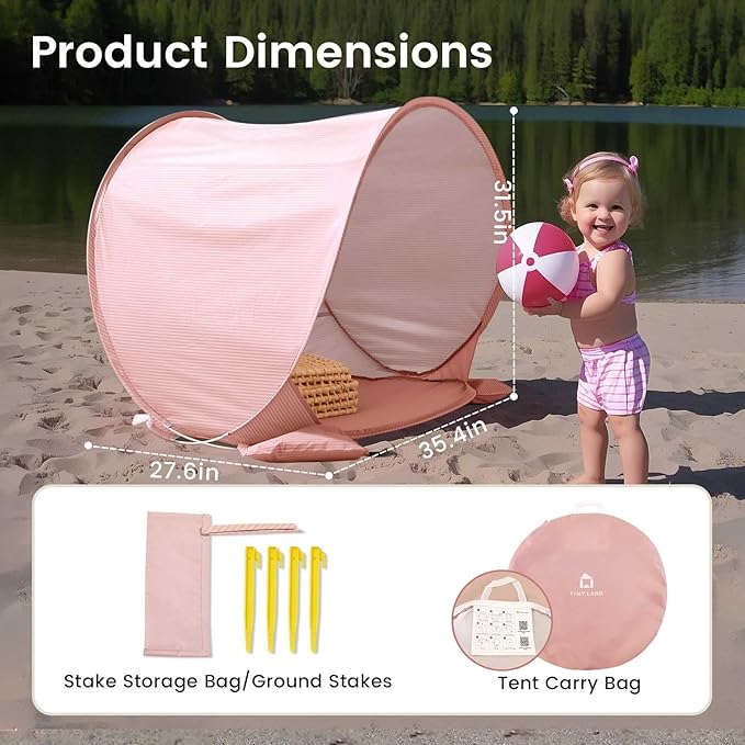 Tiny Land Baby Beach Tent – Pop Up Baby Tent with UV Protection, Portable Baby Beach Essentials, 35"x28"x32" Sun Shelter for Infants, Baby Outdoor Use (Pink)