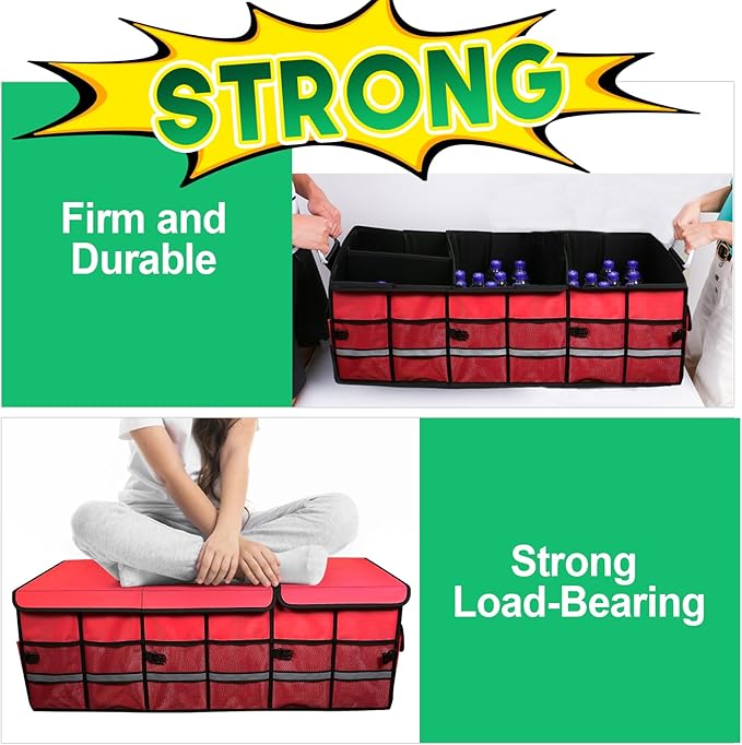 Big Car Trunk Organizer, Cargo Organizer SUV Trunk Storage Non Slip Bottom Waterproof Collapsible Durable Multi Compartments-(Oversize,Red)