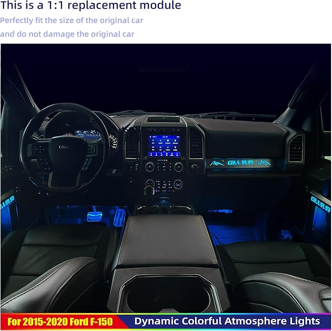 Ambient Light Kit for 13th Gen Ford F-150, 2015-2020 Chrome Interior Inner Door Handle Cover, Door Opening Warning, 256-Color, SYNC 3 Controlled Light Brightness, F150 Truck Accessories Replacement