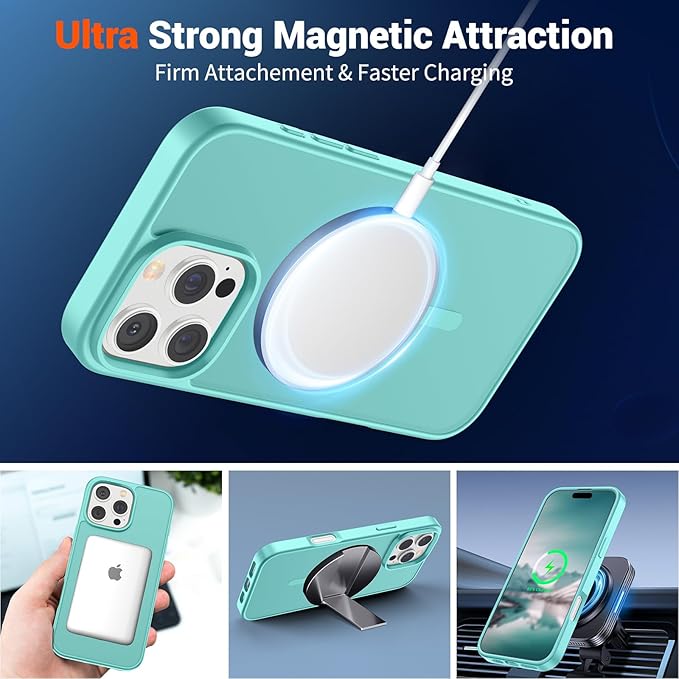 SUPFINE Magnetic for iPhone 16 Pro Case (Compatible with MagSafe) (Military Grade Drop Protection) Slim Translucent Matte Shockproof with Anti-Fingerprint Phone Case, Blue Green
