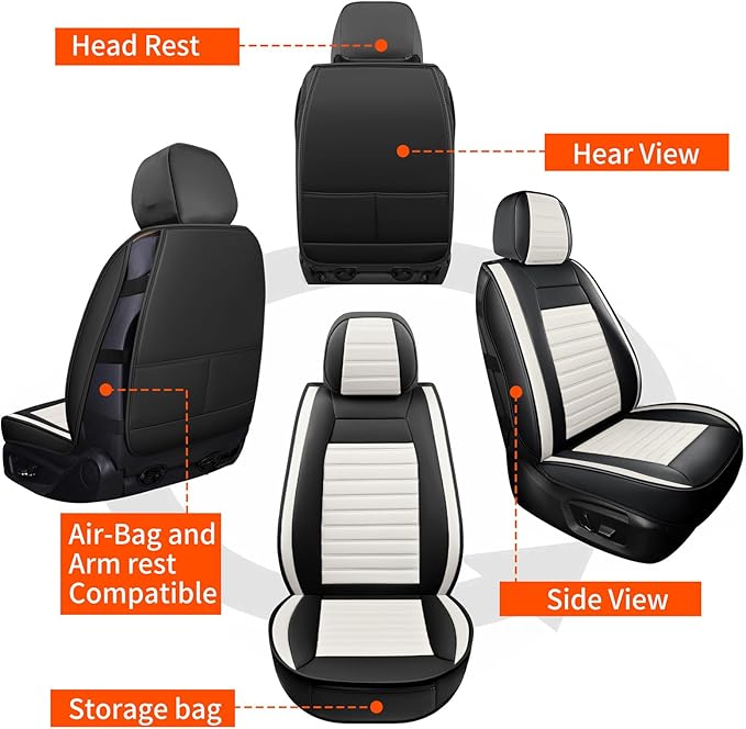 Car Seat Covers Full Set, Breathable Nappa Leather Seat Covers, Horizontal Stripes Automotive Seat Covers, Universal Seat Cushions for Sedan SUV Truck (5 PCS Full Set, Black + Cream)