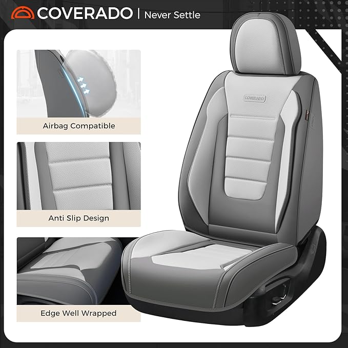 Coverado Car Seat Covers Full Set, Nappa Leather Seat Covers for Cars, Car Seat Protector Car Seat Cushion, Front and Back Seat Protectors Cushions Universal Fit for Most Cars (Gray&Light Gray)