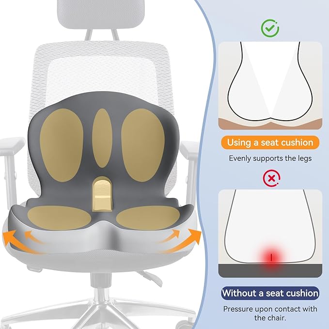 Ergonomic Seat Cushion for Office Chair & Car - Memory Foam Car Cushions for Driving with L-Shaped Design, Adjustable Strap, Non-Slip Bottom - Orthopedic Pad for Truck Driver (Grey)