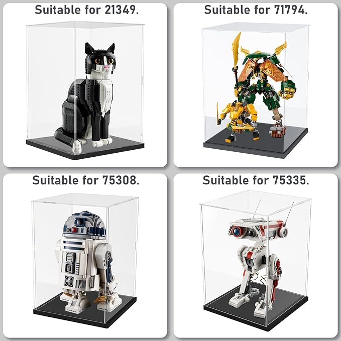 Choowin Acrylic Display Case for Lego Cat 21349, R2D2 75308, Transformers Soundwave 10358, Thickened Clear Acrylic Display Cases for Collectibles, Assemble Dustproof Display Box (Black)