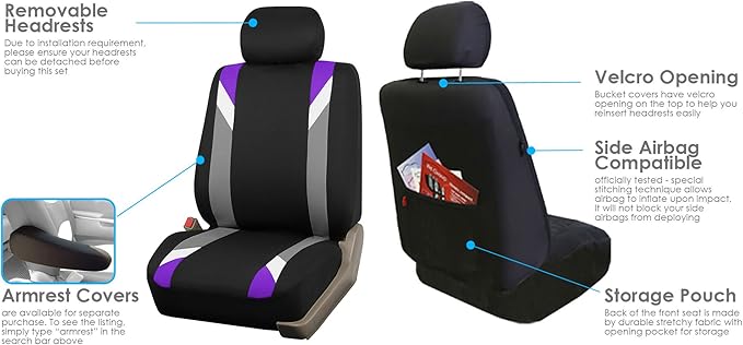 FH Group Car Seat Covers Premium Modernistic Flat Cloth Car Seat Covers Front Seats Only Purple Black, Airbag Compatible Universal Fit Interior Accessories Cars Trucks SUV Car Accessories Protector