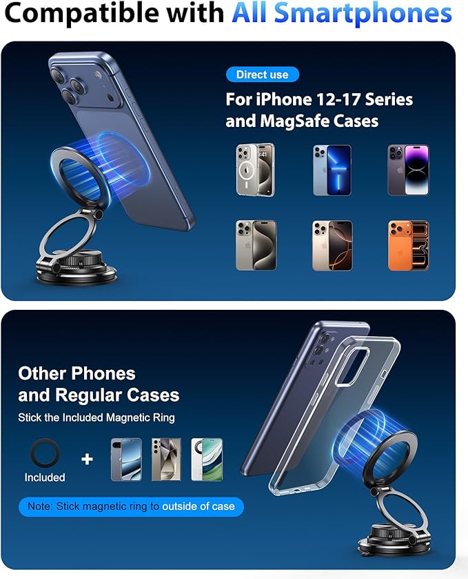 for MagSafe Car Mount [95LBS Max Suction & 2400gf Strong Magnet], Ultra-Thin 360° Adjustable Vacuum Magnetic Car Cell Phone Holder [All-Metal] for iPhone 17-12 Pro Max & Android Car Accessories