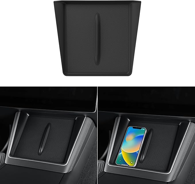 LUCKEASY Wireless Charging Pad for Tesla Model Y Juniper 2025 2026 Center Console Wireless Charger Pad Non-Slip Silicone Mat for Model Y Accessories Black (Carbon Fiber Texture)