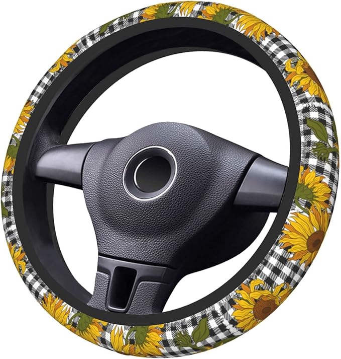 Checkered Sunflowers Steering Wheel Cover Women Men Elastic Stretch Soft Car Wheel Protector Universal Breathable No-Slip Car Accessories for Truck Van SUV Auto Fit 14-15 Inches