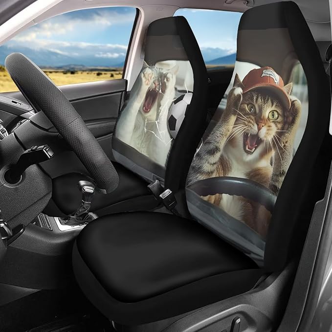 Funny Cat Driver Car Seat Covers for Front Seats Football Broke Car Window Premium Polyester Seat Covers for Cars Trucks and SUVs