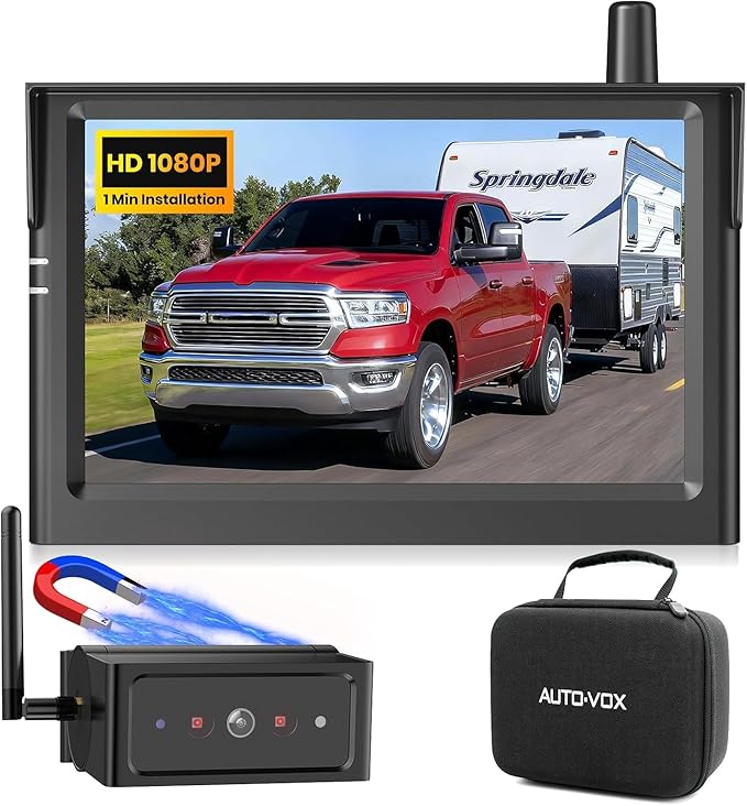 AUTO-VOX Wireless Backup Camera Magnetic: 1 Min Install Trailer Hitch Camera, 1080P HD Monitor with IR Night Vision, Storage Bag Included, Easy to Move Between Vehicles for Truck, RV, Trailer