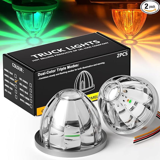 2-Pack Dual Color Watermelon Lights LED Steady + Strobe Marker Lights Cab Roof Warning Clearance Light with Clear Lens Suitable for Truck Trailer Kenworth Peterbilt Freightliner (Amber Green)