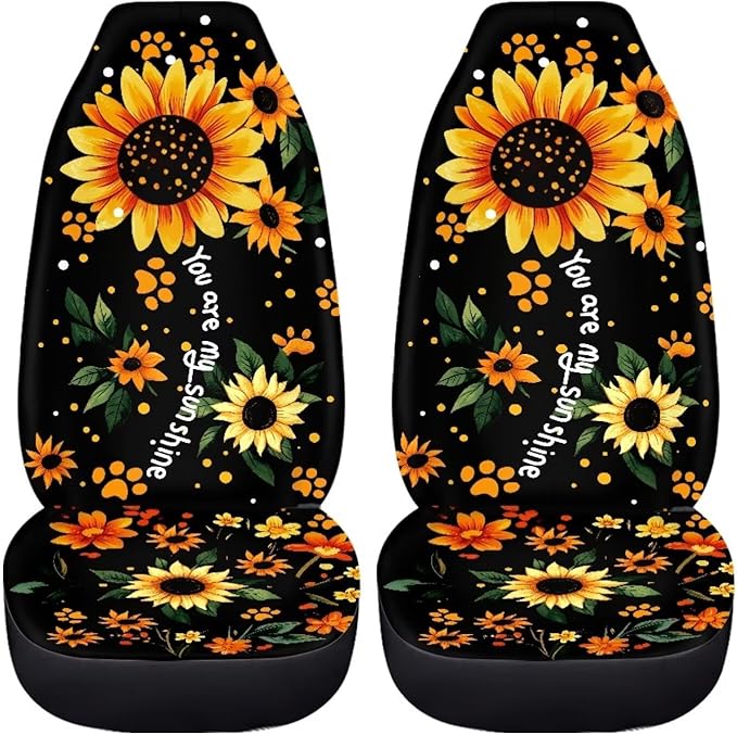 BIGCARJOB Sunflower Car Accessories Set 2 Pcs Dog Paw Sunflower Car Seat Cover Full Set for Women Girls Cute Auto Interior Seat Protector Saddle Blanket,Universal Fit