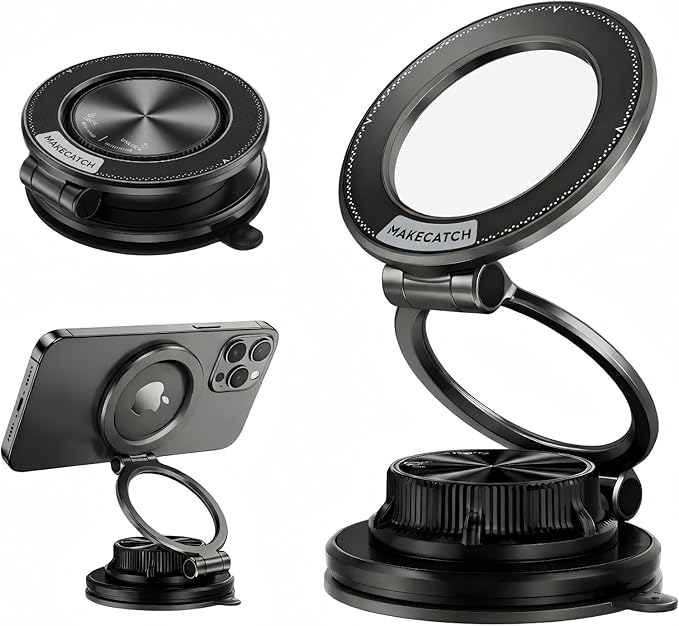 Magnetic Car Phone Mount, 0.83" Ultra-Slim Foldable Holder, [Vacuum Suction & Adhesive Pad] for Textured Dashboard/Windshield, 3-Joint Metal MagSafe Mount for iPhone 17 Pro Max/Pixel (Black)