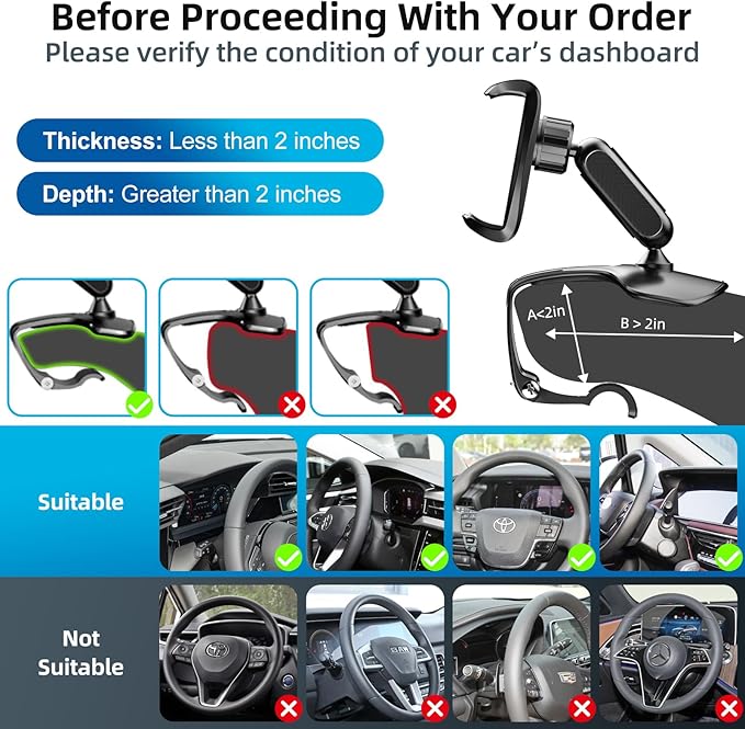 Universal 360 Dashboard Cell Phone Holder, Upgrade Clip Car Phone Holder Mount for Dashboard 360 Degree Rotation Dash Board Phone Mount Fit for iPhone,Samsung,Google,Nokia, 4 to 7" Smartphones