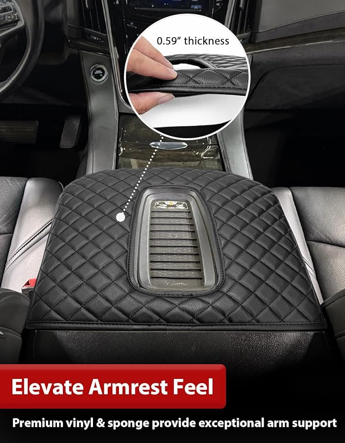 KBH Center Console Armrest Cover for 2015-2020 Cadillac Escalade, Vinyl Leather Trim, Middle Console Cushion Protector, Anti-Scratch, Black