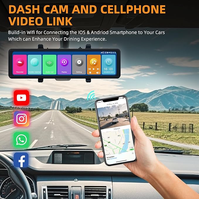 KBD 11.26'' 4K Smart Rear View Mirror Dash Cam Front and Rear, Android Auto Carplay with Backup Camera for Car Recording Parking Assistance Night Vision