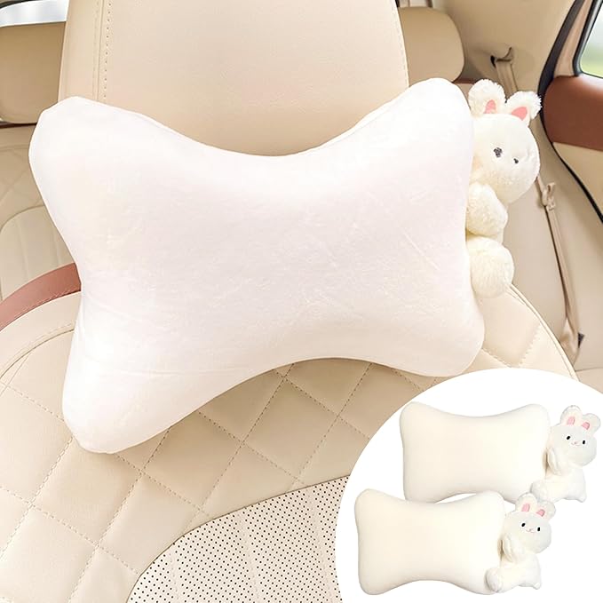 Car Headrest Pillow 2PCS Plush Bear ＆ Bunny Car Seat Headrest Pillow - Memory Foam Neck Support Cushions for Comfortable Driving, Easy Install & Washable (White Rabbit)
