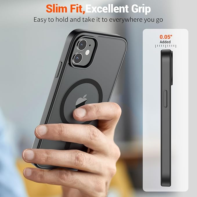 SUPFINE Magnetic for iPhone 12 Mini Case & iPhone 13 Mini Case (Compatible with MagSafe) (Military Grade Drop Protection) Slim Translucent Matte Shockproof Phone Cover,Black