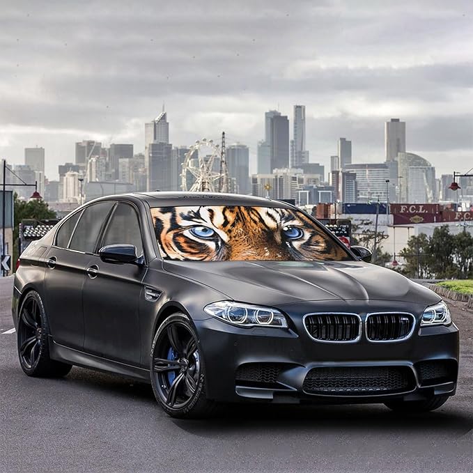 Socira Tiger Eye Car Window Shades Windshield Sun Shade Umbrella Foldable Tiger Sunshade for Front Window Auto Windshield Sunshade Covers Car Accessories 57'' X 30''