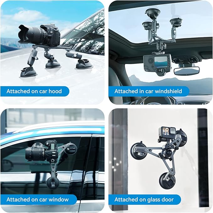 Triple Suction Cup Camera Car Mount Holder, Heavy Duty Tripod Window Windshield Dash Dashboard Inside Outside Sucking Attach Accessories for GoPro Insta360 DJI Action Osmo Pocket DSLR Accessory
