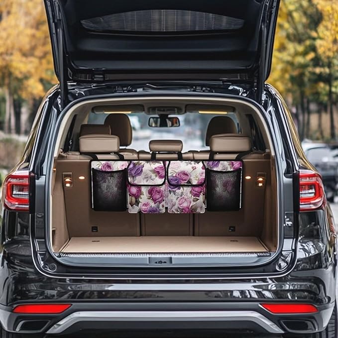 Pink Purple Rose Backseat Trunk Organizer for Car Organization Women Large Capacity Cargo Bag,4 Compartments,Car Accessories