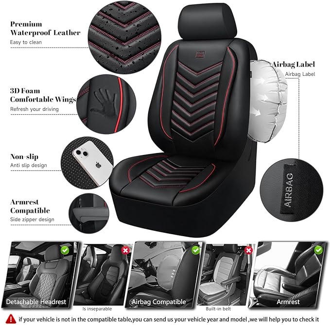 CAR PASS 3D Foam Faux Leather Car Seat Covers Front Seats,Waterproof Leather Front Seat Cover for Car,Universal Fit for SUV Truck Sedan Automotive,Armrest Airbag Compatible Anti-Slip, Black and Red