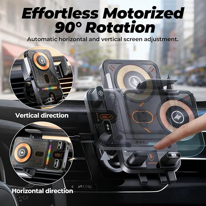 2026 New Cool Car Wireless Fast Charging Holder, Motorized 90° Rotating Phone Mount Charger with Auto-Clamping, 15W Wireless Car Charger for Smartphones, Smart Sensor Air Vent Accessories