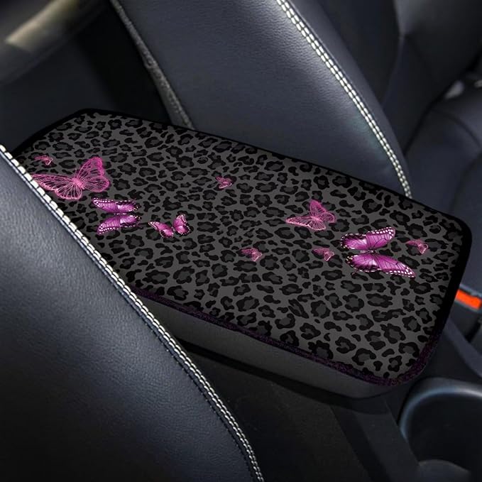 Pink Butterfly Leopard Print Soft Armrest Seat Box Cover Car Armrest Cushion Car Decor Protective Car Accessories Fit for Most Cars, Vehicles, SUVs