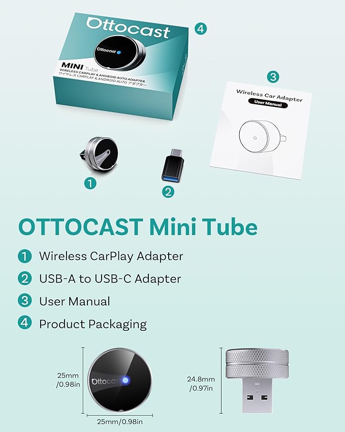 OTTOCAST Mini Tube Wireless CarPlay Android Auto Adapter 2026, Cut The Cord, Zero Lag 5GHz WiFi, Plug & Play for Factory Wired Apple CarPlay