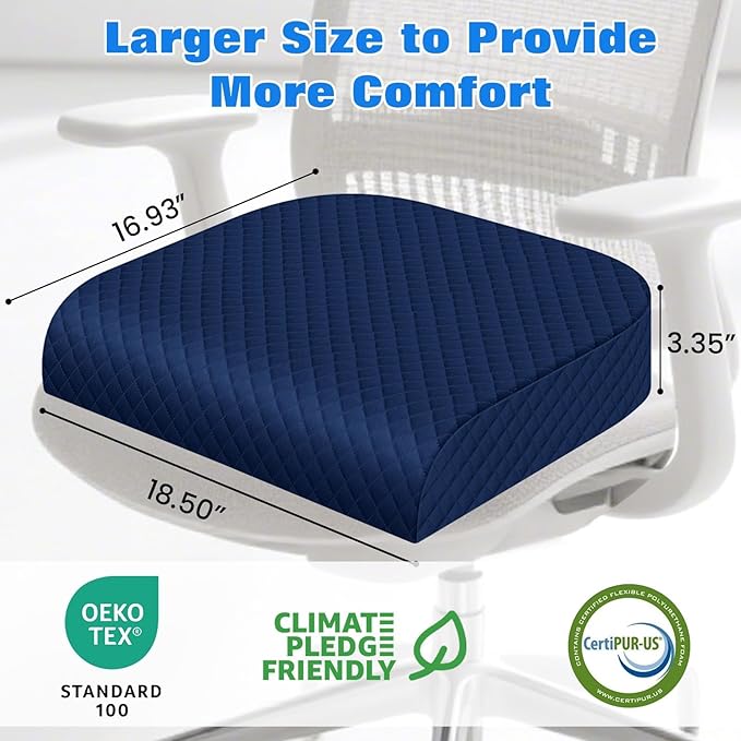 Seat Cushion for Office Chair, Memory Foam Chair Cushions, Car Seat Cushion for Long Sitting, Desk Chair Cushion for Pressure Relief, Non-Slip Bottom, Washable Cover, X-Large, Blue