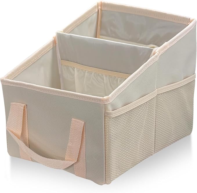 Car Seat Organizer, Collapsible Passenger Seat Organizer with Detachable Divider & Handle, Multiple-Pocket Car Storage Organization for Console Floor Front or Back Seats (Beige)