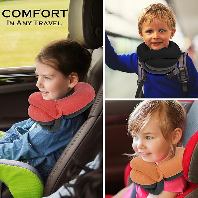 BUYUE Kids Travel Pillows for Airplane, 360° Head Support Sleeping Essentials for Boys Long Flight, Skin-Friendly Soft Neck Pillow for Traveling in Car Seat, (Small, Orange Grey, 40-90 lbs)
