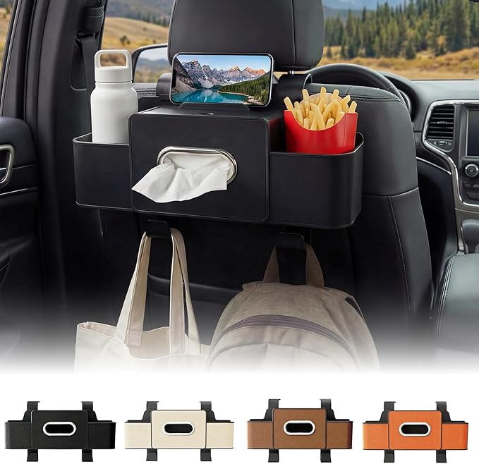 Backseat Car Organizer, 4 in 1 Multifunctional Car Back Seat Storage Organizer with Tissue Box, 2 Cup Holders, Phone Stand and Hooks, Automotive Seat Back Organizers (Black)